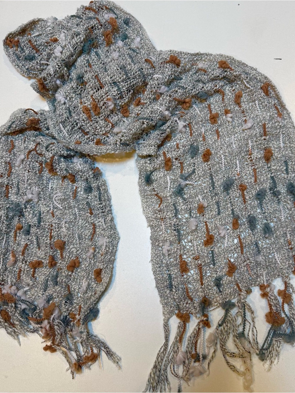 2 Chic Gray Scarf with Brown & Blue Tufted Dots